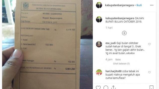 Foto Slip Gaji Bupati Banjarnegara Cuma Rp 5,9 Juta Tuai Polemik